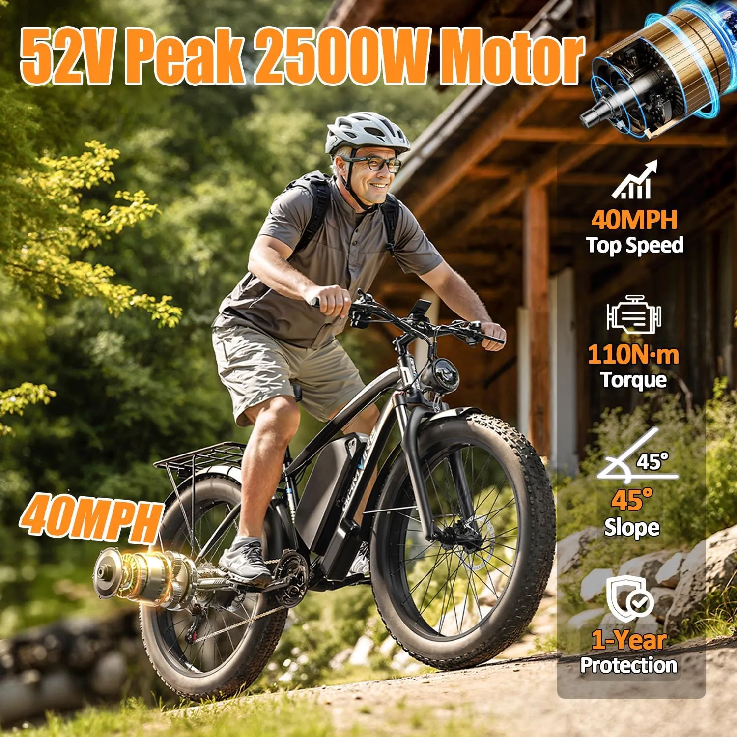 24"/26" Ebike for Adults Electric, Peak 2500W E-Bike, 52V 19.2Ah, Max 40MPH&70Miles, Hydraulic Disc Brake, Off Road Snow Mountain Pedal Assist E-Bikes, Fat Tire Fast E-Bicycle, UL Certified