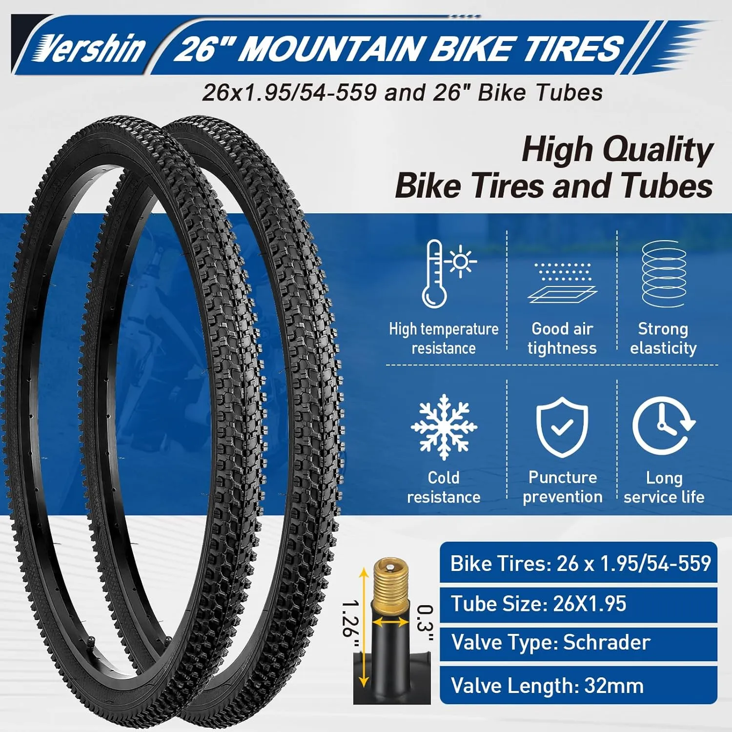 26" Bike Tires 26x1.75/1.95/2.10/2.125,2 PCS Tires & Bike Tubes,Puncture-Resistant Bicycle Tires Schrader Valve with 2 Tire Levers