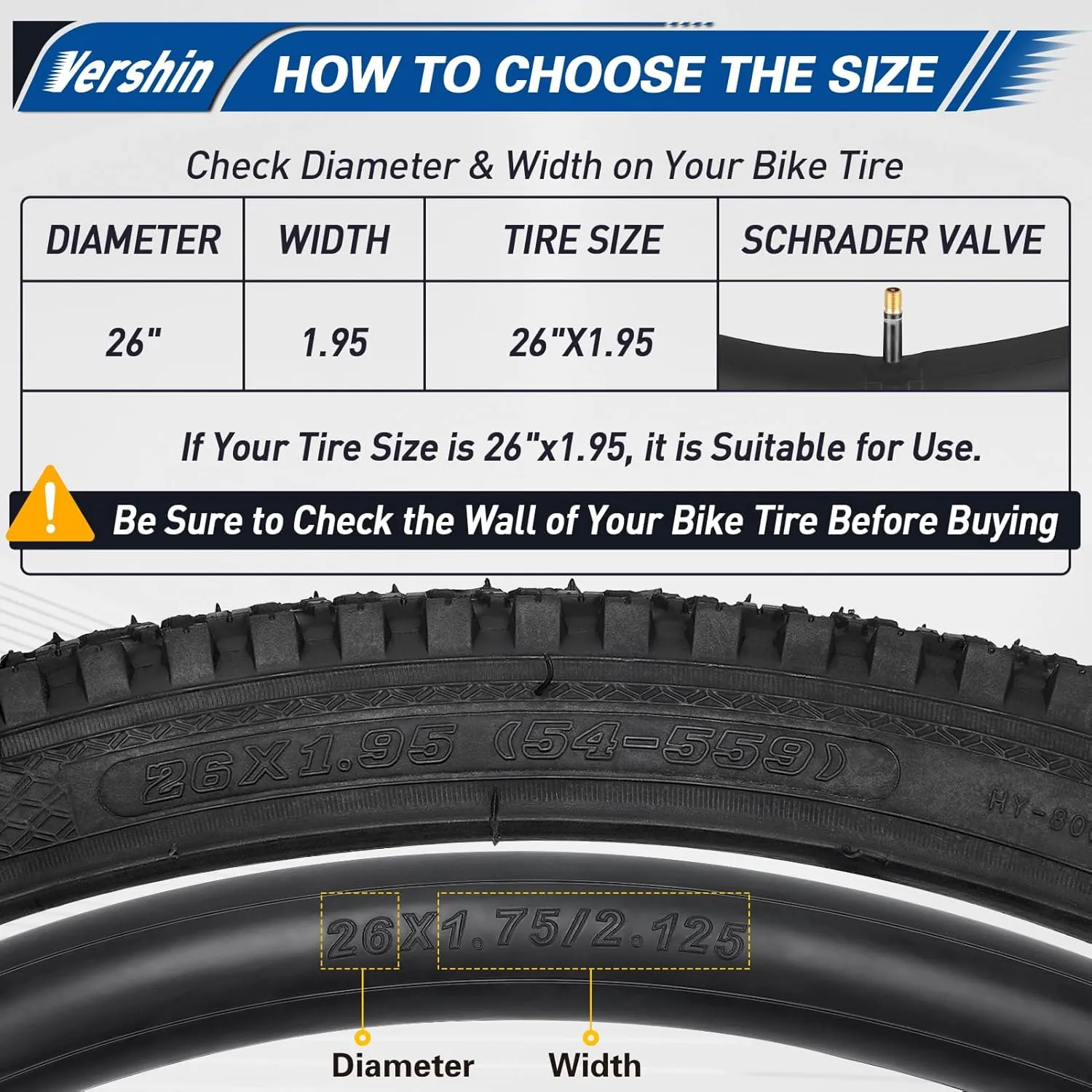 26" Bike Tires 26x1.75/1.95/2.10/2.125,2 PCS Tires & Bike Tubes,Puncture-Resistant Bicycle Tires Schrader Valve with 2 Tire Levers