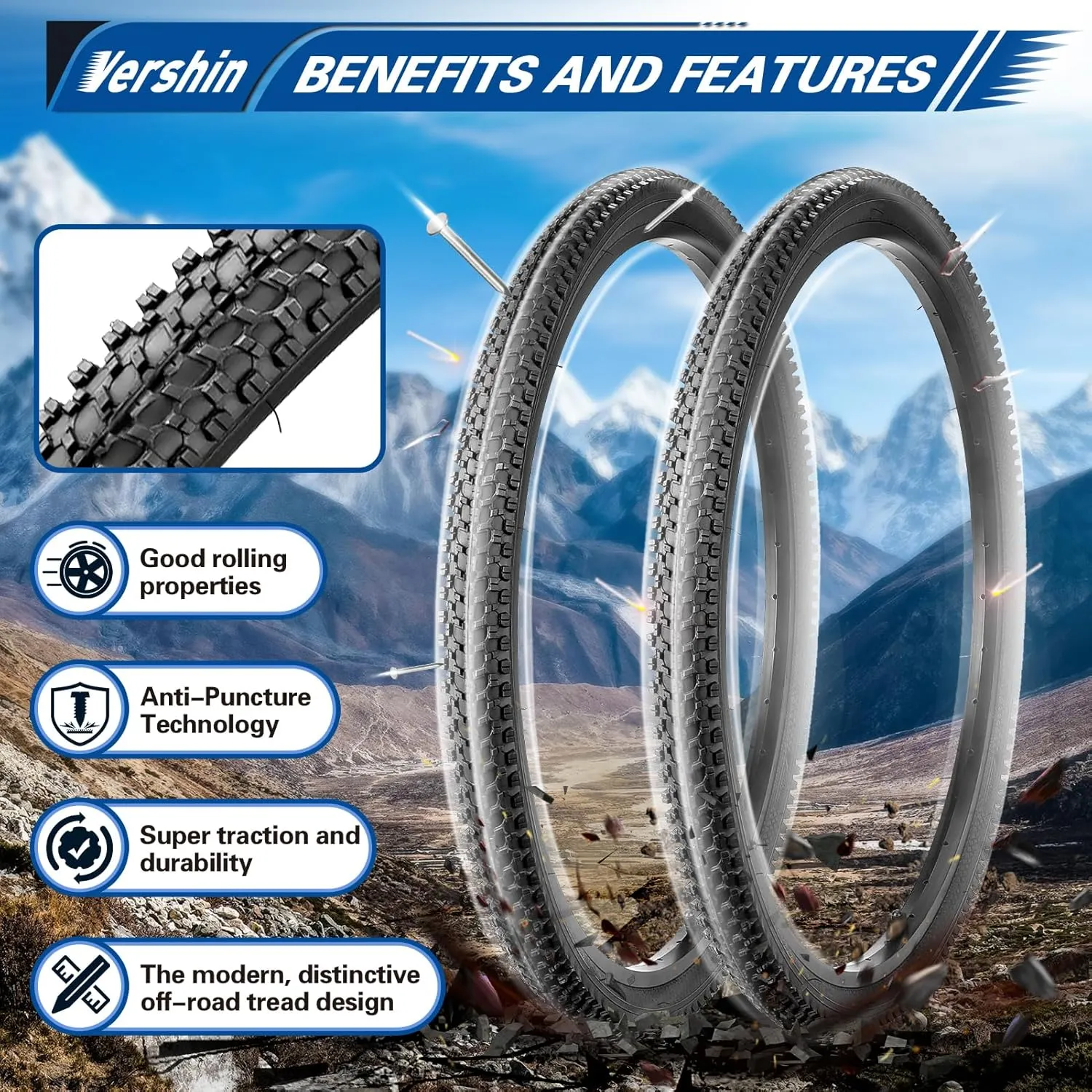 26" Bike Tires 26x1.75/1.95/2.10/2.125,2 PCS Tires & Bike Tubes,Puncture-Resistant Bicycle Tires Schrader Valve with 2 Tire Levers