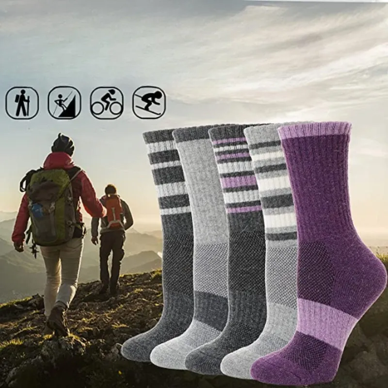 5 Pairs Striped Thermal Hiking Socks For Women
