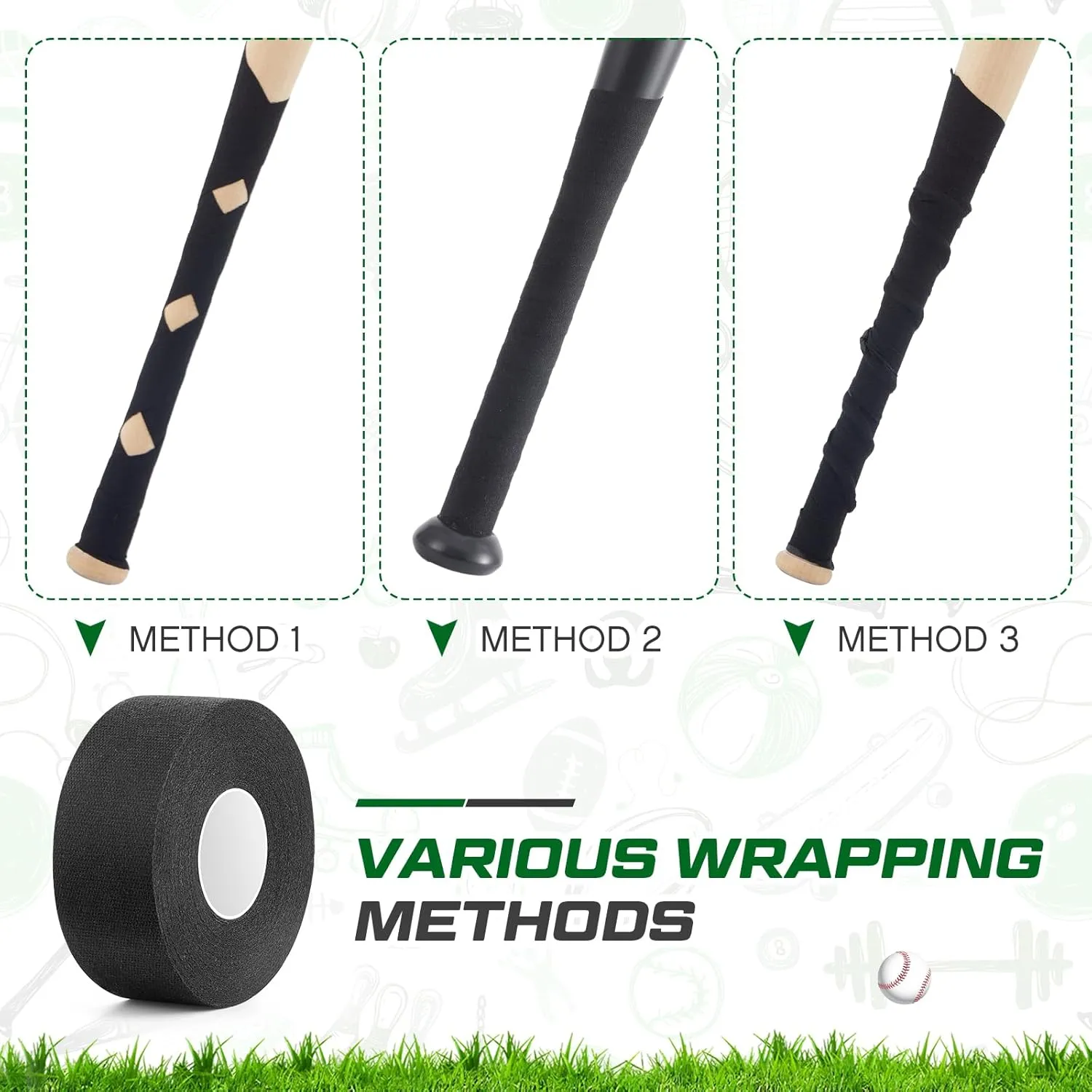 6 Pack Baseball Bat Grip Tape for Baseball Softball 30 ft x 1 Inch Per Roll Quality Bat Wrap Without Sticky Hand, Cloth Tape Rolls for Beginners and Professionals