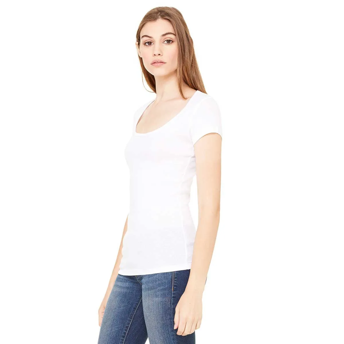 Bella   Canvas Women's White Sheer Mini Rib Short-Sleeve Scoop Neck T-Shirt