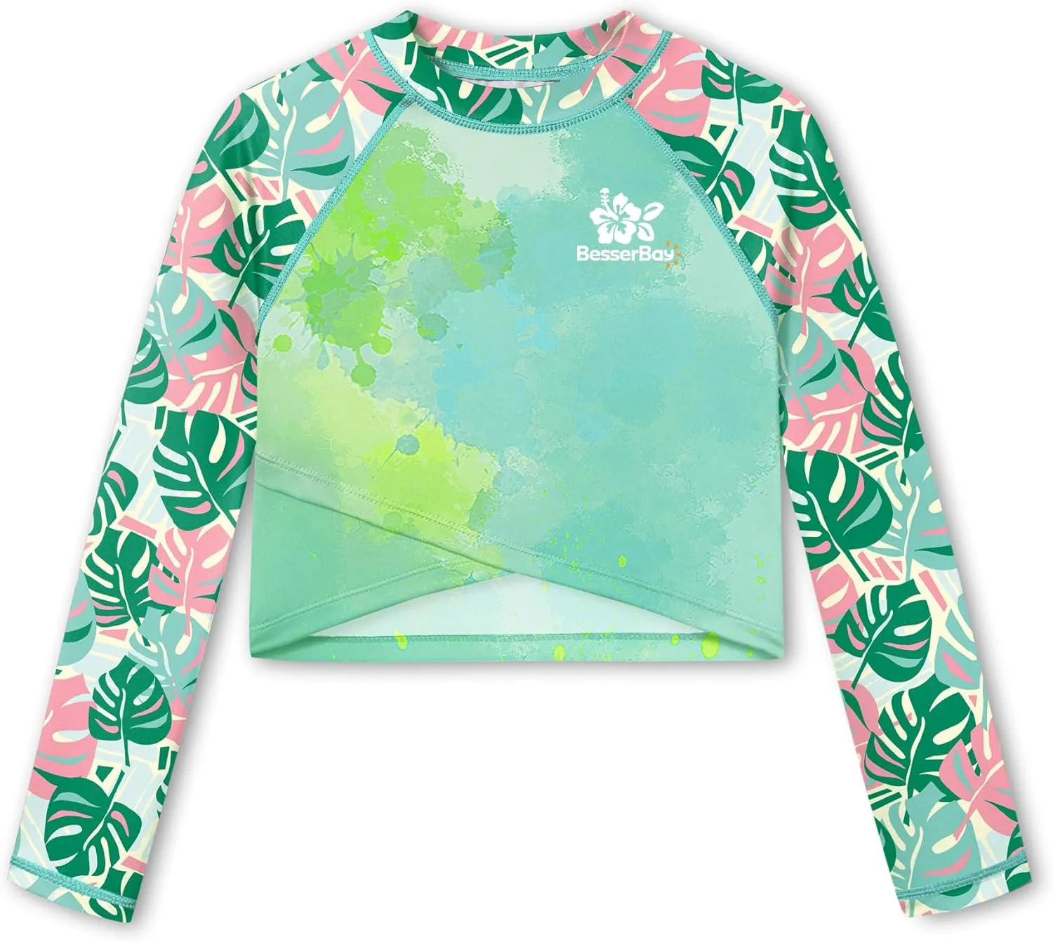 BesserBay Girls UPF 50  Long Sleeve Mock Neck Crossover Hem Swim Crop Top 4-12 Years