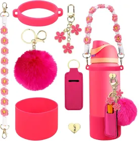 Compatible for Owala Accessories Bundle: Silicone Boot for 24oz & 32oz Bottles, Charms, Handle, Strap, Rubber Bottoms, and Decorative Add-ons for Your Compatible for Owala Water Bottle, Hot Pink