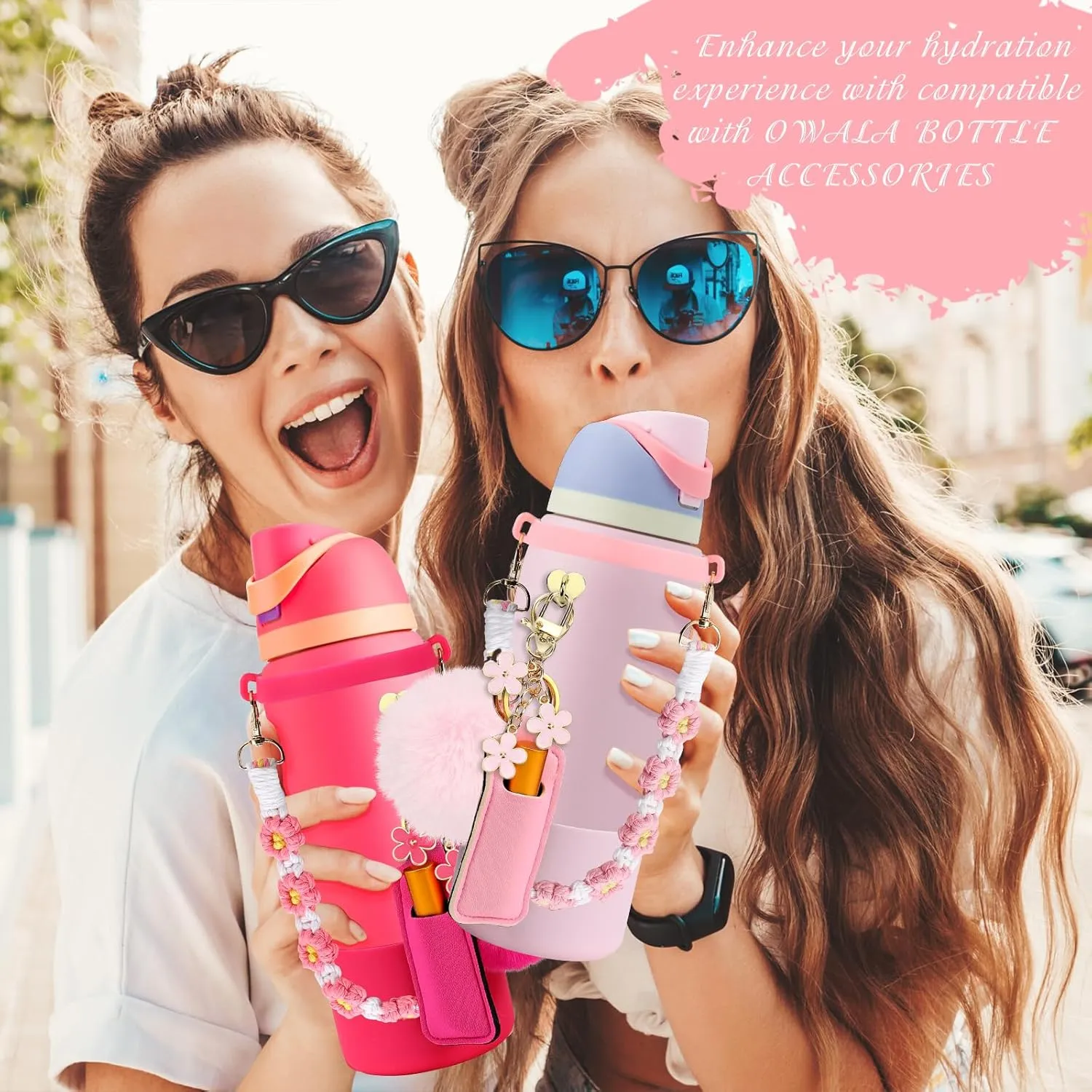 Compatible for Owala Accessories Bundle: Silicone Boot for 24oz & 32oz Bottles, Charms, Handle, Strap, Rubber Bottoms, and Decorative Add-ons for Your Compatible for Owala Water Bottle, Hot Pink