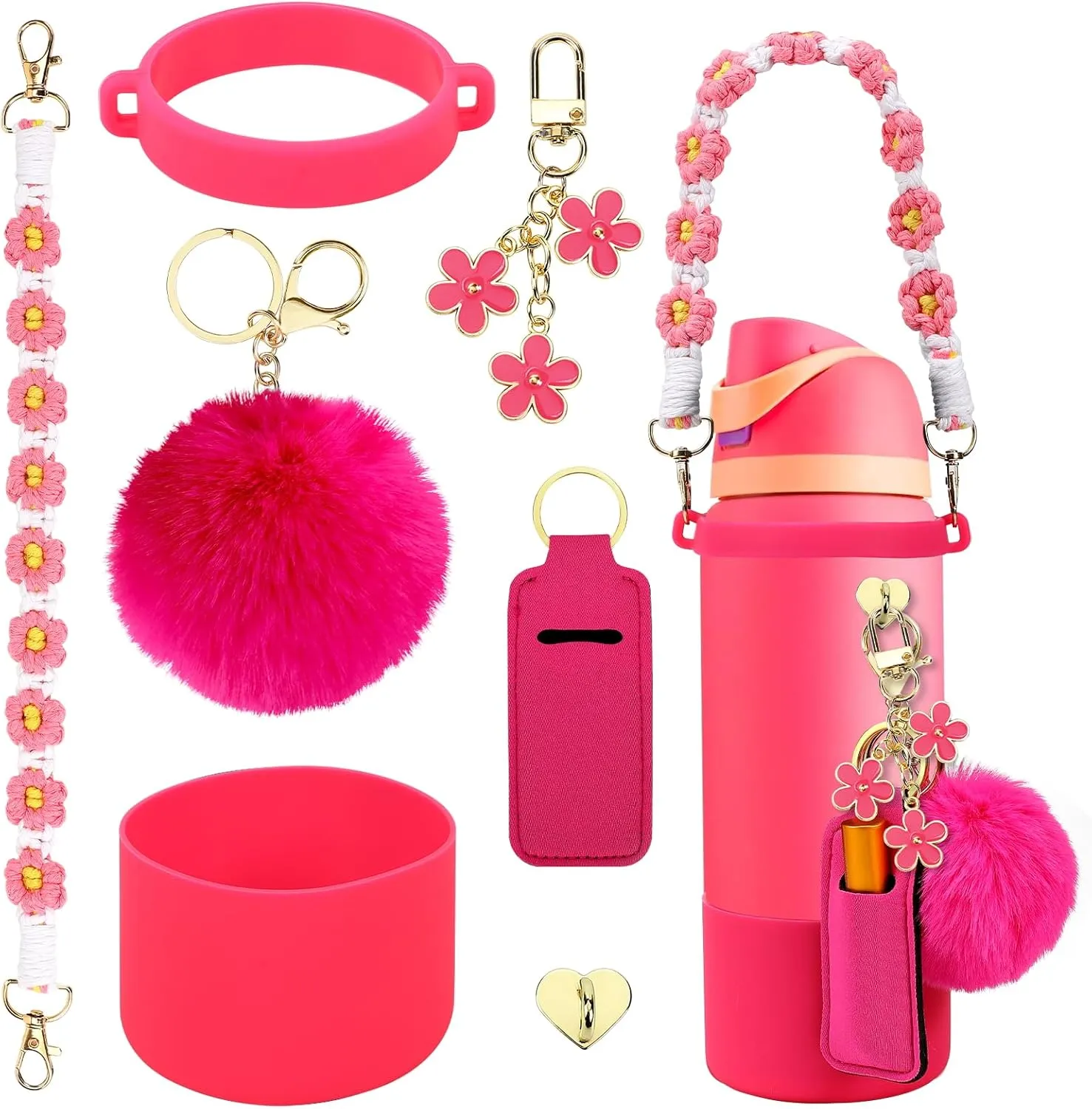 Compatible for Owala Accessories Bundle: Silicone Boot for 24oz & 32oz Bottles, Charms, Handle, Strap, Rubber Bottoms, and Decorative Add-ons for Your Compatible for Owala Water Bottle, Hot Pink