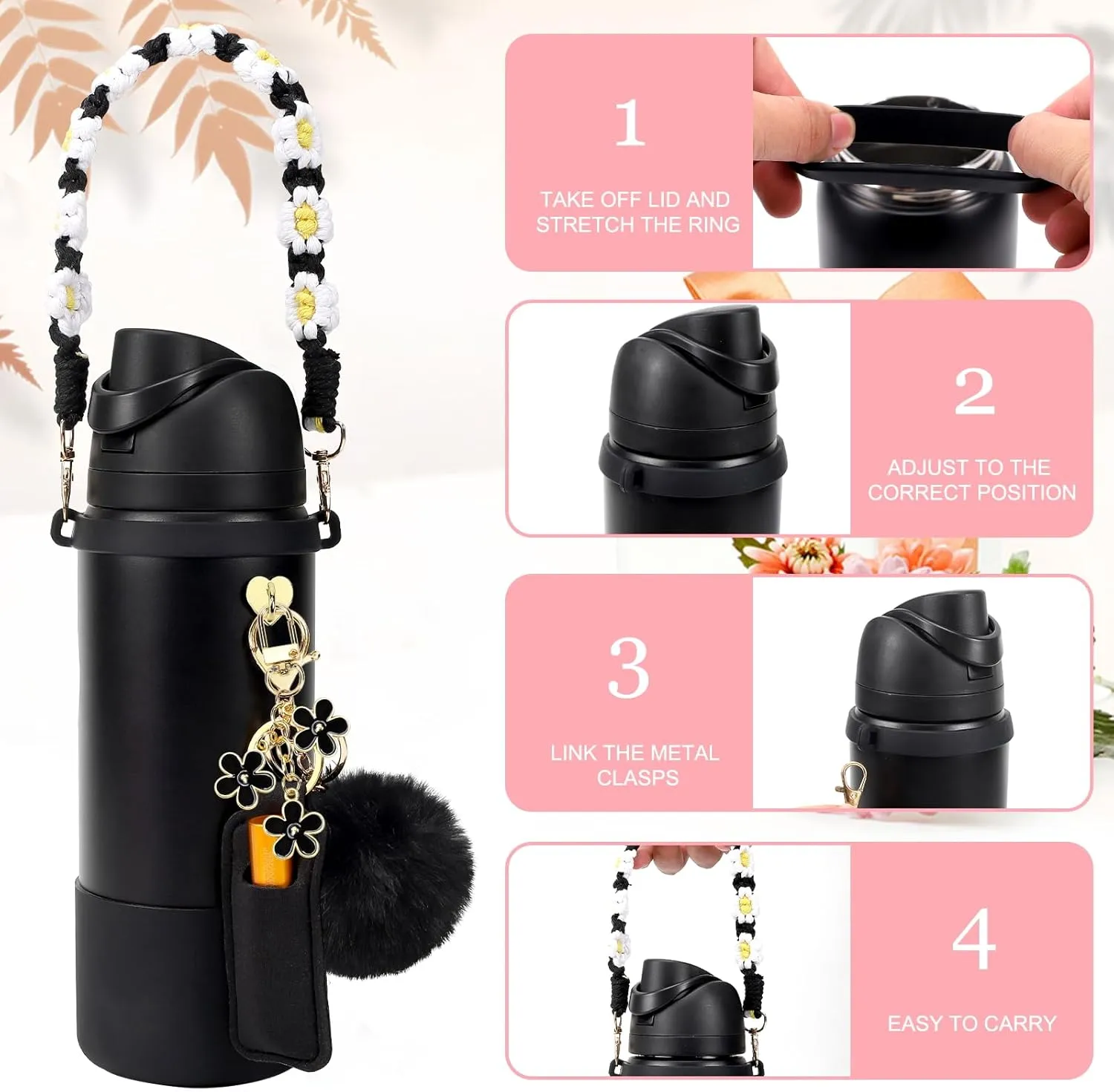 Compatible for Owala Accessories Bundle: Silicone Boot for 24oz & 32oz Bottles, Charms, Handle, Strap, Rubber Bottoms, and Decorative Add-ons for Your Compatible for Owala Water Bottle, Hot Pink