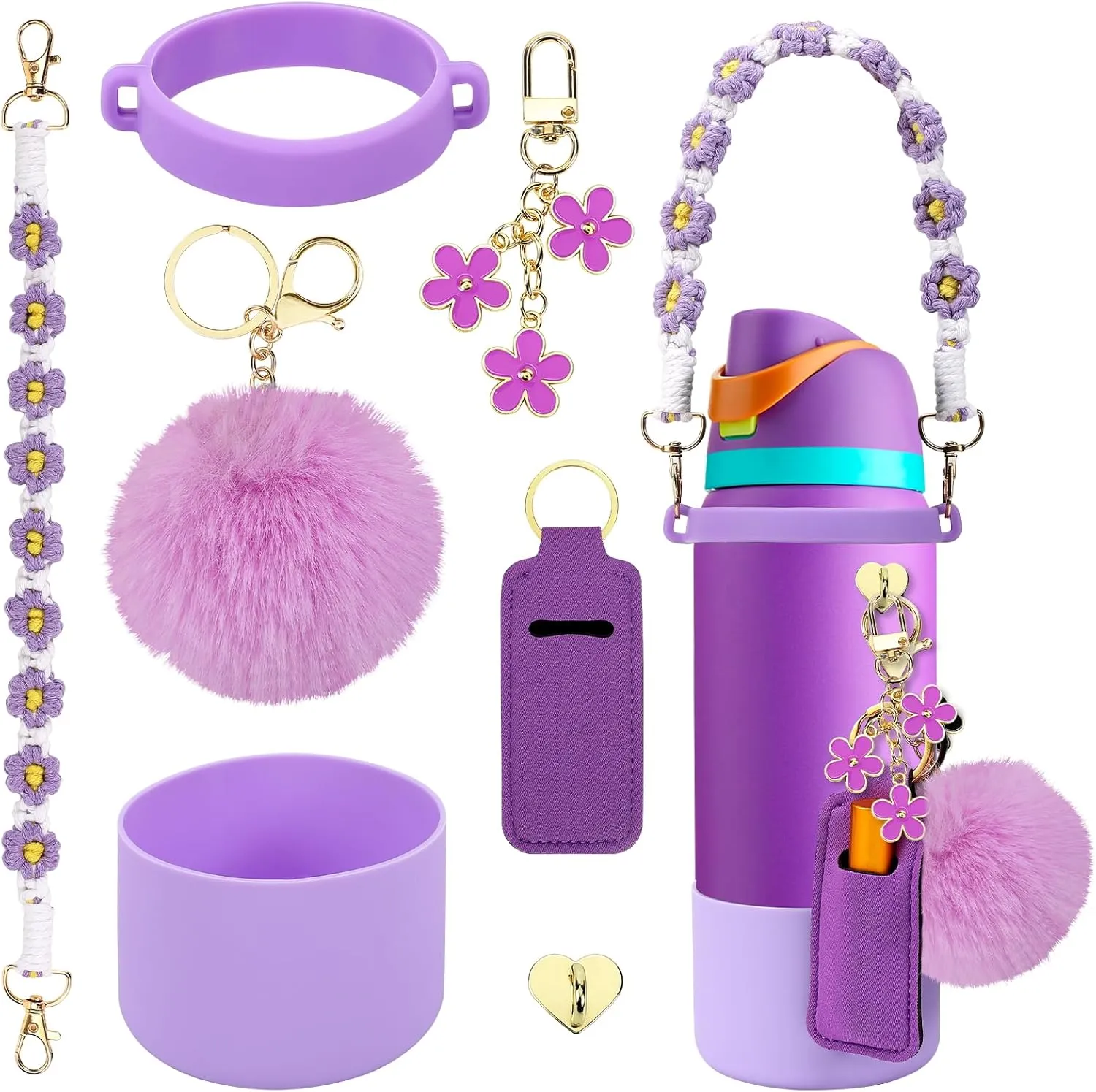 Compatible for Owala Accessories Bundle: Silicone Boot for 24oz & 32oz Bottles, Charms, Handle, Strap, Rubber Bottoms, and Decorative Add-ons for Your Compatible for Owala Water Bottle, Purple