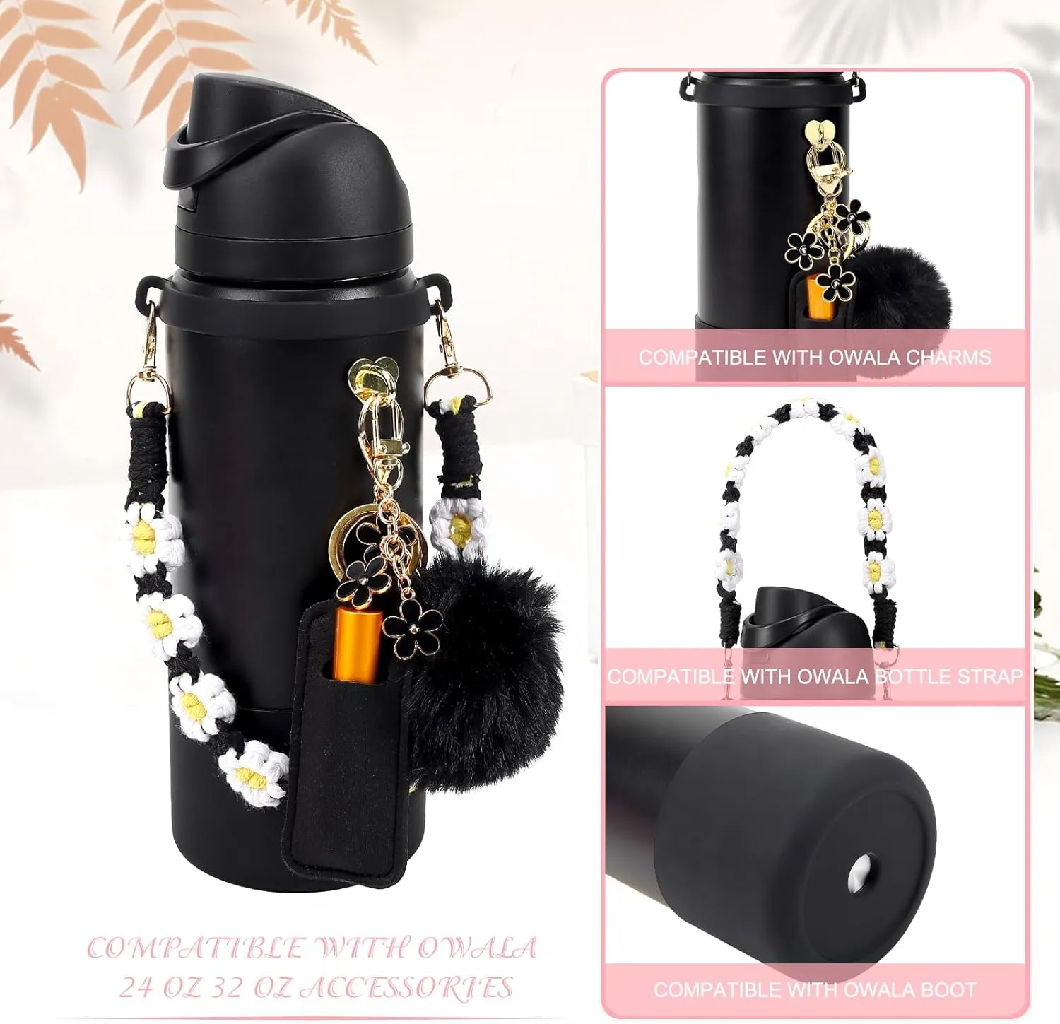 Compatible for Owala Accessories Bundle: Silicone Boot for 24oz & 32oz Bottles, Charms, Handle, Strap, Rubber Bottoms, and Decorative Add-ons for Your Compatible for Owala Water Bottle, Purple