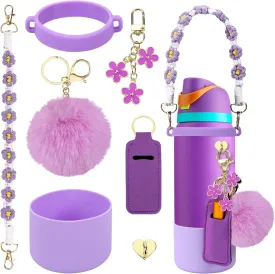 Compatible for Owala Accessories Bundle: Silicone Boot for 24oz & 32oz Bottles, Charms, Handle, Strap, Rubber Bottoms, and Decorative Add-ons for Your Compatible for Owala Water Bottle, Purple