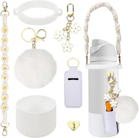 Compatible for Owala Accessories Bundle: Silicone Boot for 24oz & 32oz Bottles, Charms, Handle, Strap, Rubber Bottoms, and Decorative Add-ons for Your Compatible for Owala Water Bottle, White