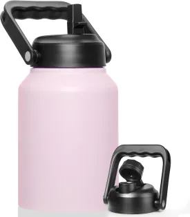 Half Gallon Insulated Water Bottle Jug with Straw, 64 oz Large Stainless Steel Sports Metal Water Flask with Handle, Thermal Water Cup Mug with 2 Lids, Blush