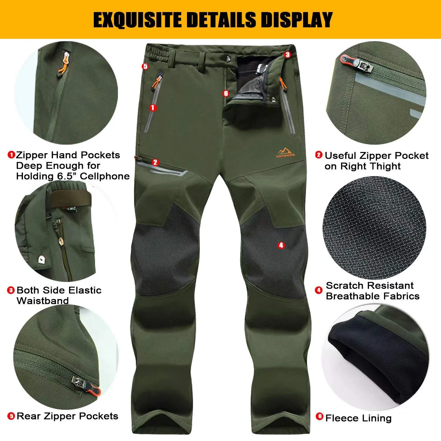 Men's Fleece-Lined Winter Ski Pants – Water-Resistant with 4 Zip Pockets