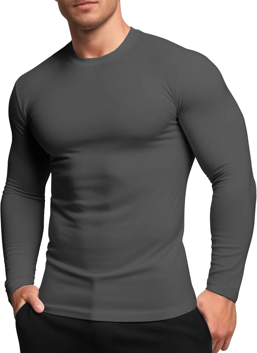 Men's Sport Undershirt, Athletic Thermal Base Layer, Crewneck Long Sleeve Top Slim Fitted Workout Tshirt
