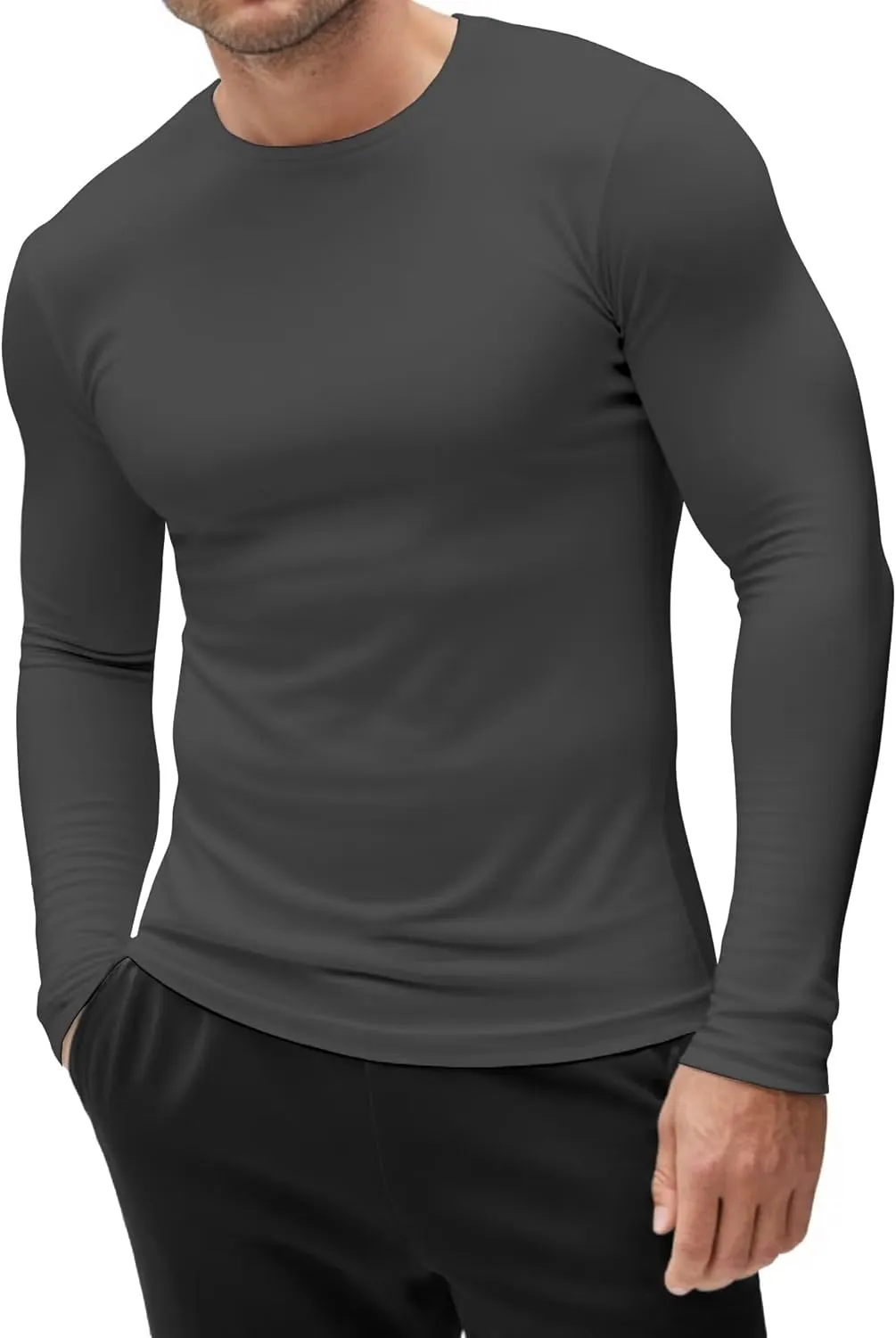Men's Sport Undershirt, Athletic Thermal Base Layer, Crewneck Long Sleeve Top Slim Fitted Workout Tshirt