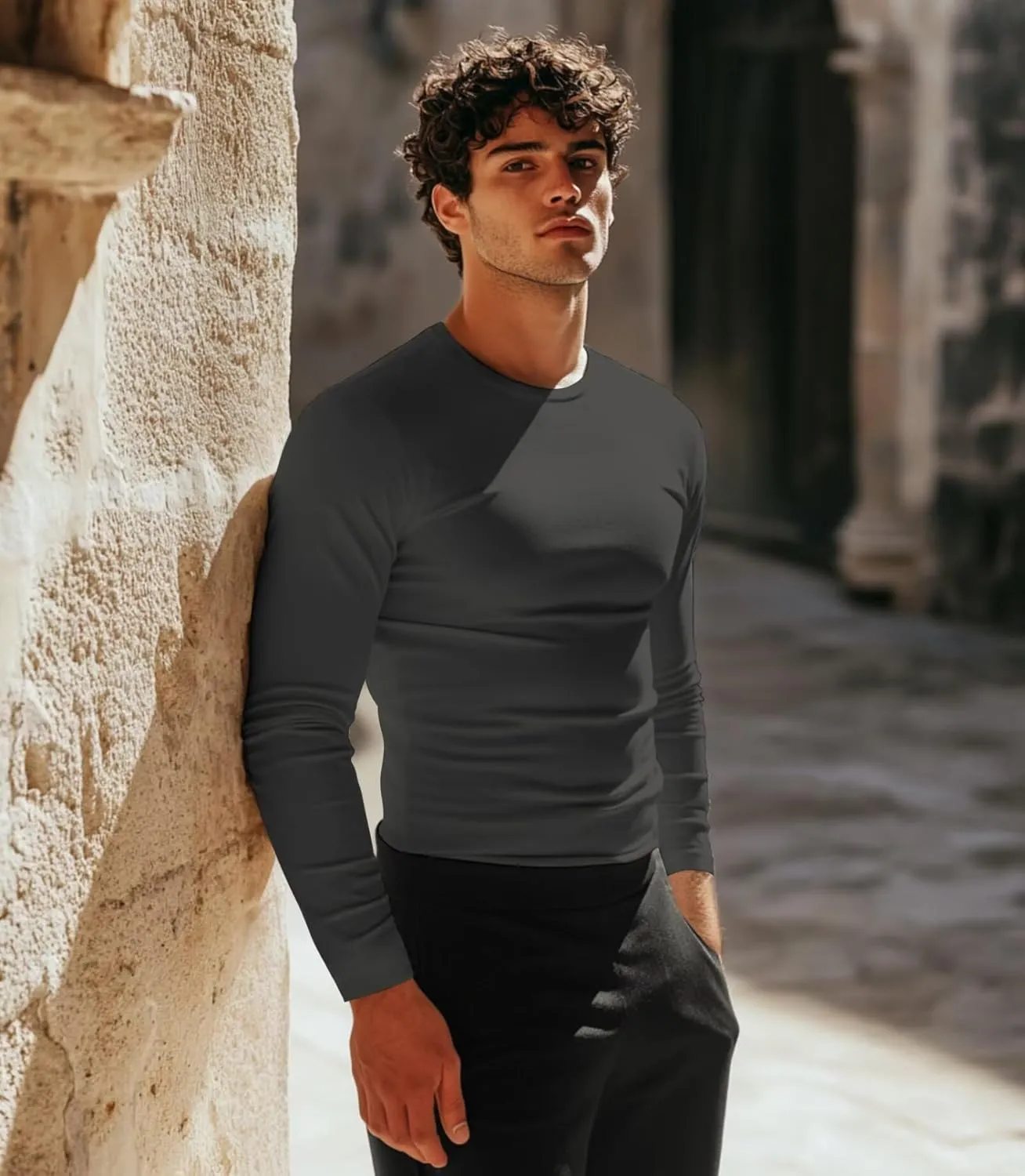 Men's Sport Undershirt, Athletic Thermal Base Layer, Crewneck Long Sleeve Top Slim Fitted Workout Tshirt