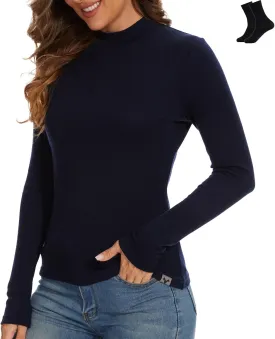 Merino Wool Base Layer Women 100% Merino Wool Long Sleeve Thermal Shirts for Women for Skiing Hiking Womens Turtle Neck Top