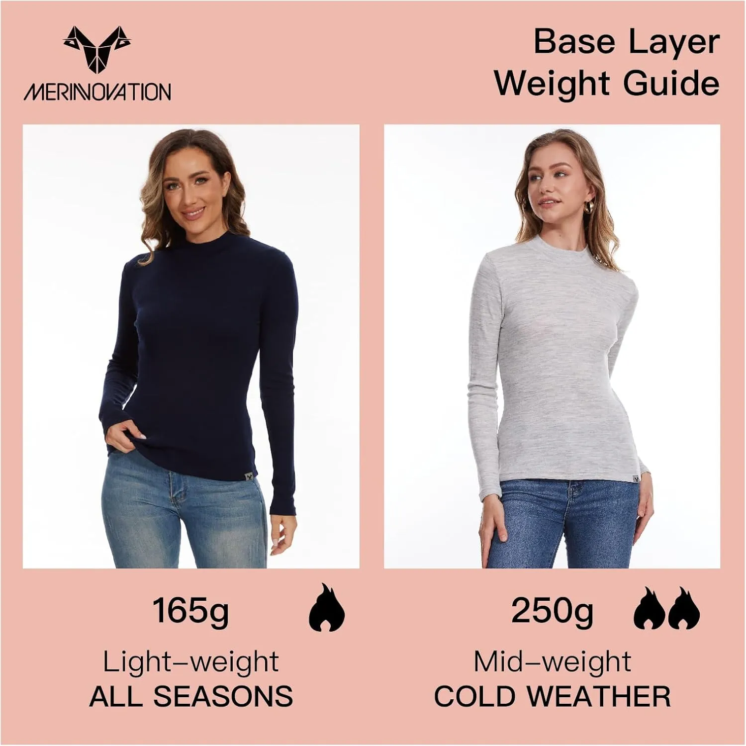 Merino Wool Base Layer Women 100% Merino Wool Long Sleeve Thermal Shirts for Women for Skiing Hiking Womens Turtle Neck Top