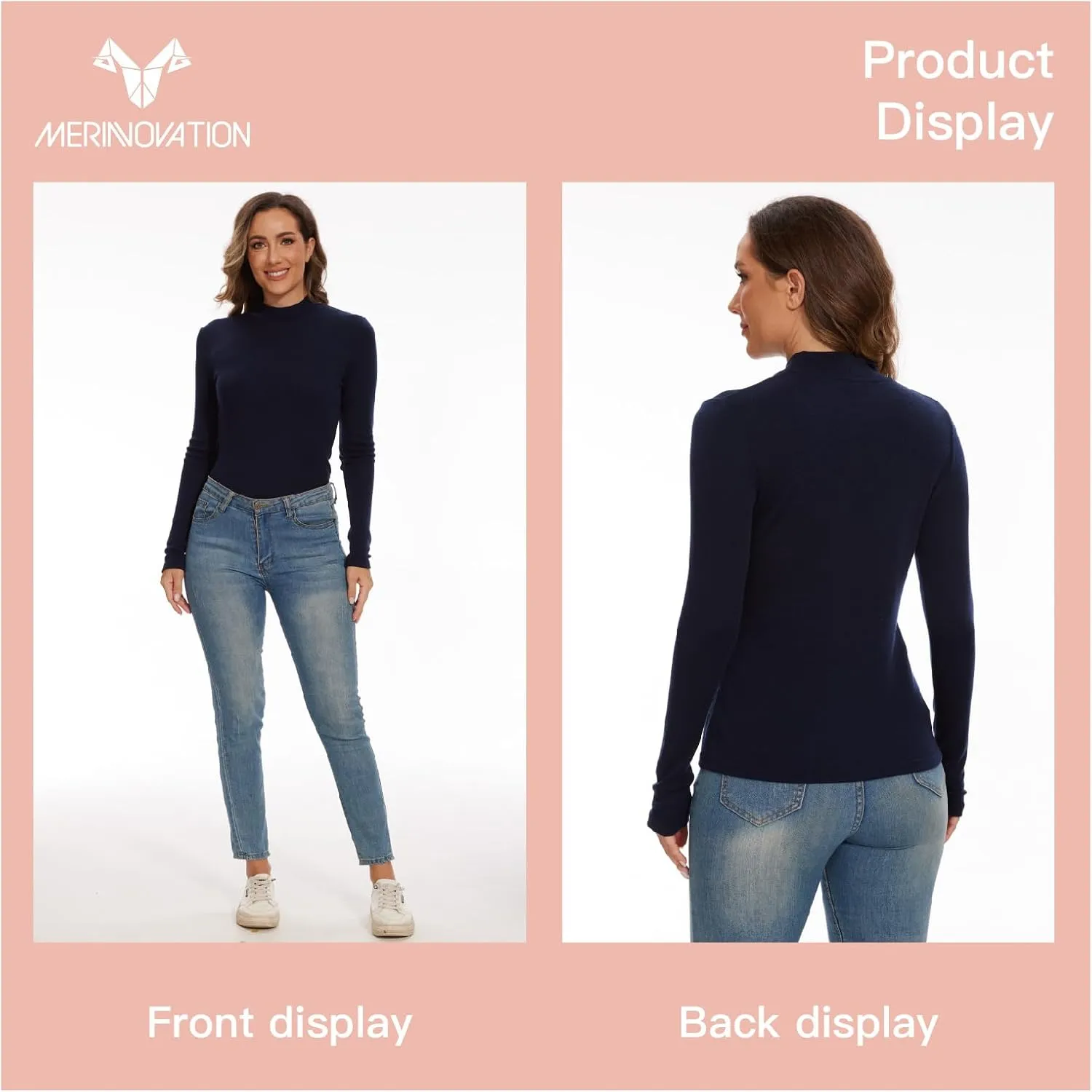 Merino Wool Base Layer Women 100% Merino Wool Long Sleeve Thermal Shirts for Women for Skiing Hiking Womens Turtle Neck Top