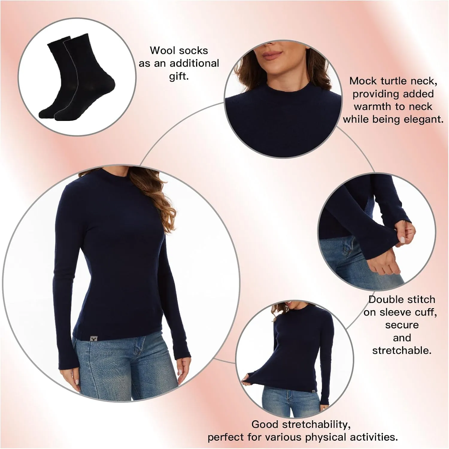 Merino Wool Base Layer Women 100% Merino Wool Long Sleeve Thermal Shirts for Women for Skiing Hiking Womens Turtle Neck Top
