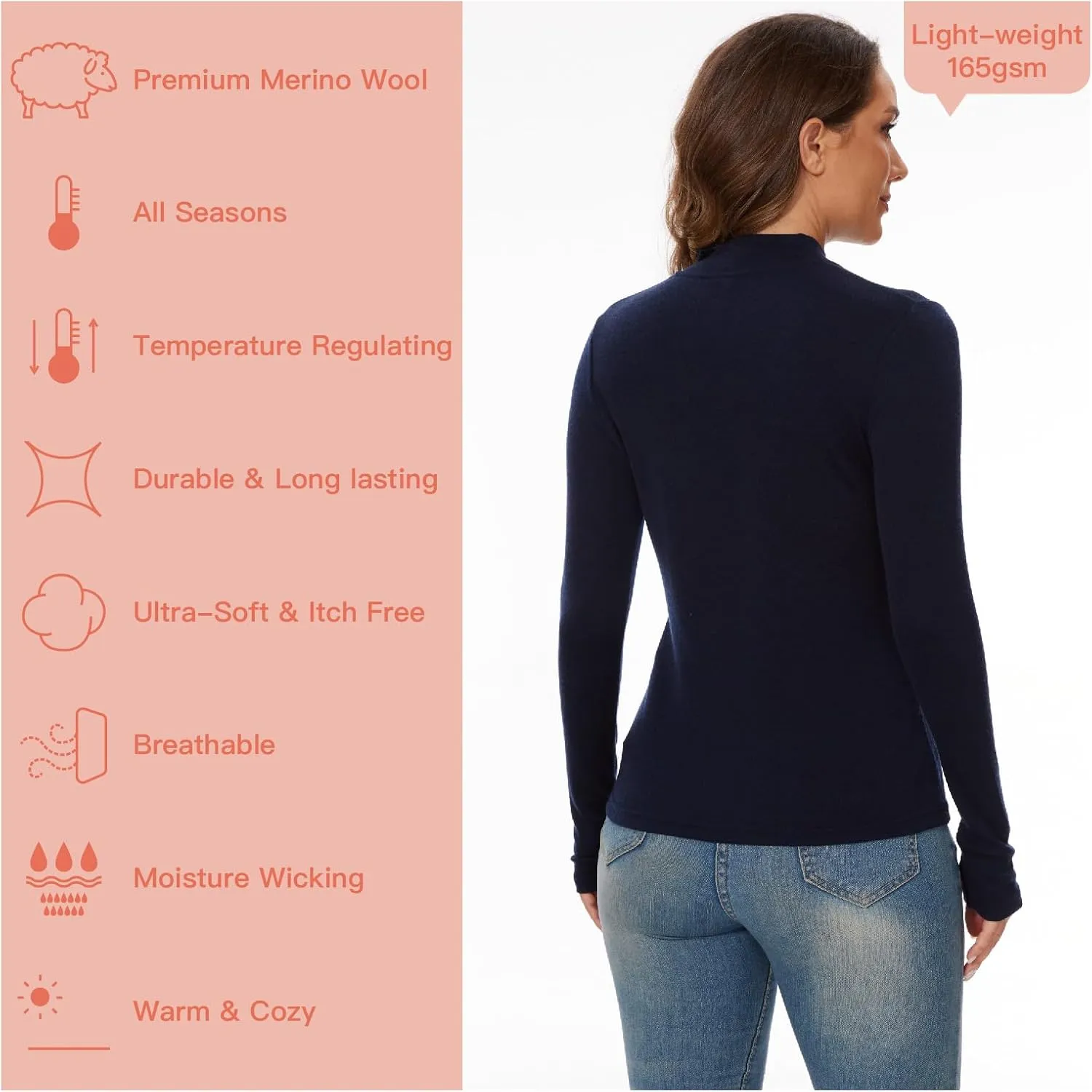 Merino Wool Base Layer Women 100% Merino Wool Long Sleeve Thermal Shirts for Women for Skiing Hiking Womens Turtle Neck Top