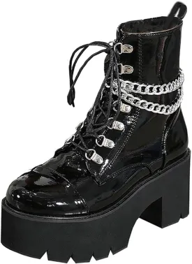 Parisuit Womens Goth Patent Ankle Boots Platform Chunky High Heel Lace Up Combat Boots Punk Short Booties