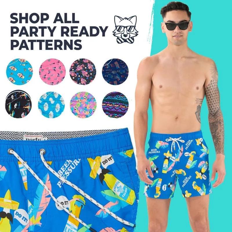 Party Pants USA Mens Swim Trunks, Characters, Stretch Swimming Board Shorts, 5.5 Inseam