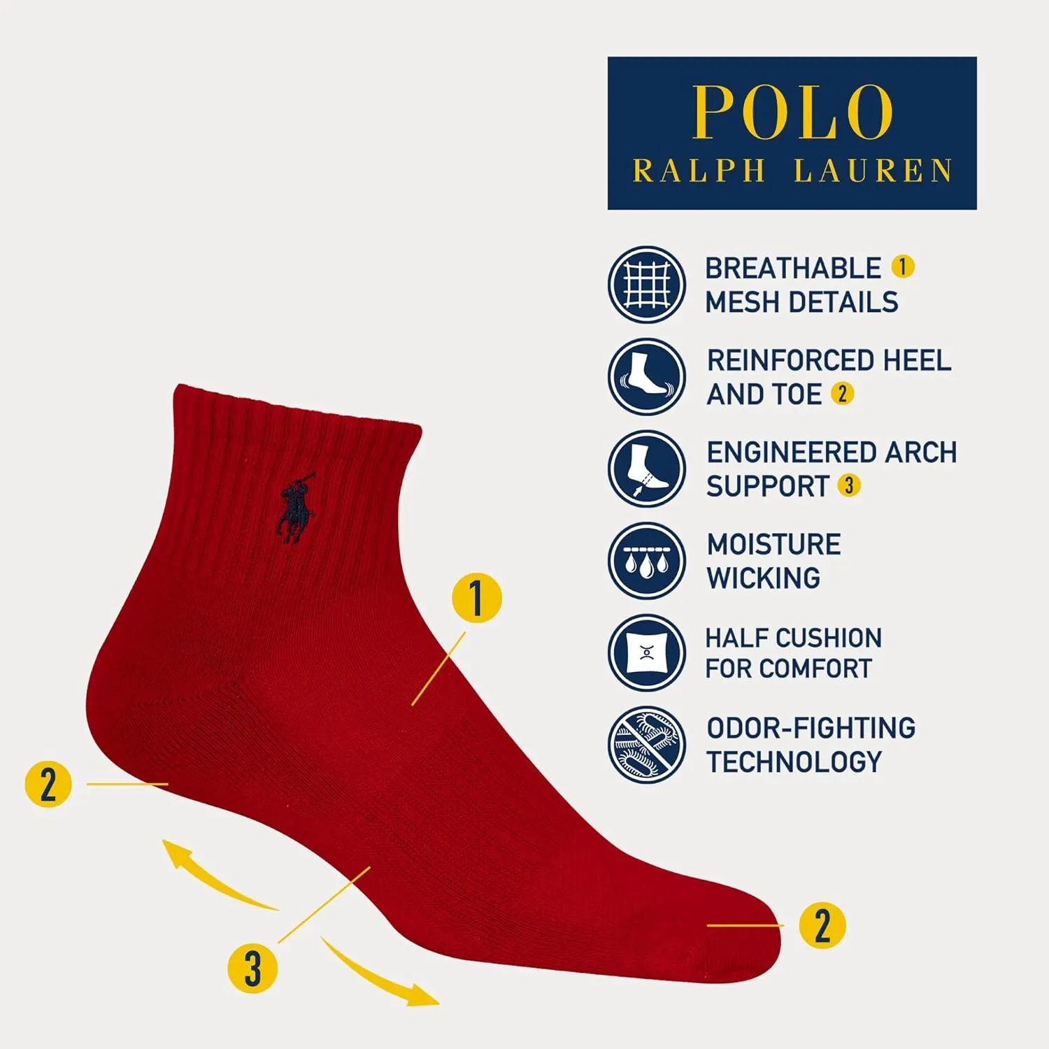POLO RALPH LAUREN Men's Athletic Performance Cotton Ankle Socks-6 Pair Pack-Moisture Wicking Mesh