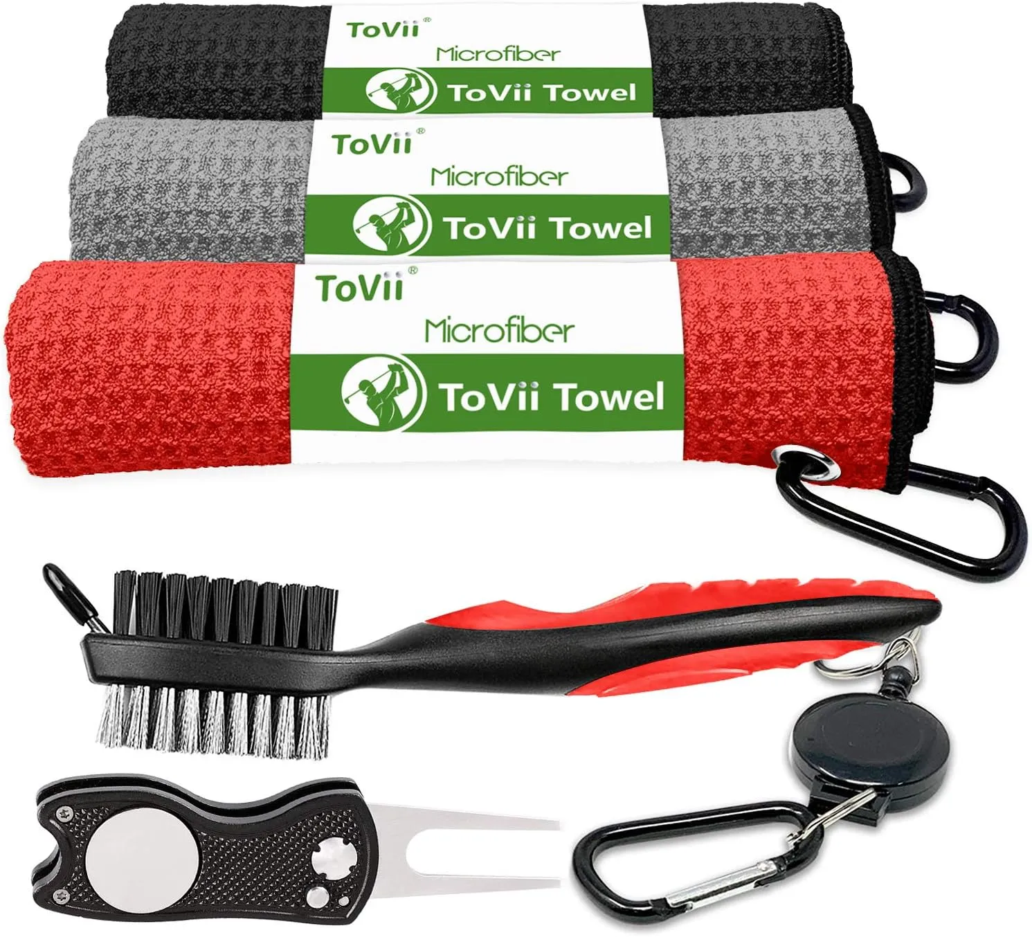 ToVii Golf Towel Microfiber Waffle Pattern Golf Towel | Brush Tool Kit with Club Groove Cleaner | Golf Divot Tool | Golf Accessories for Men