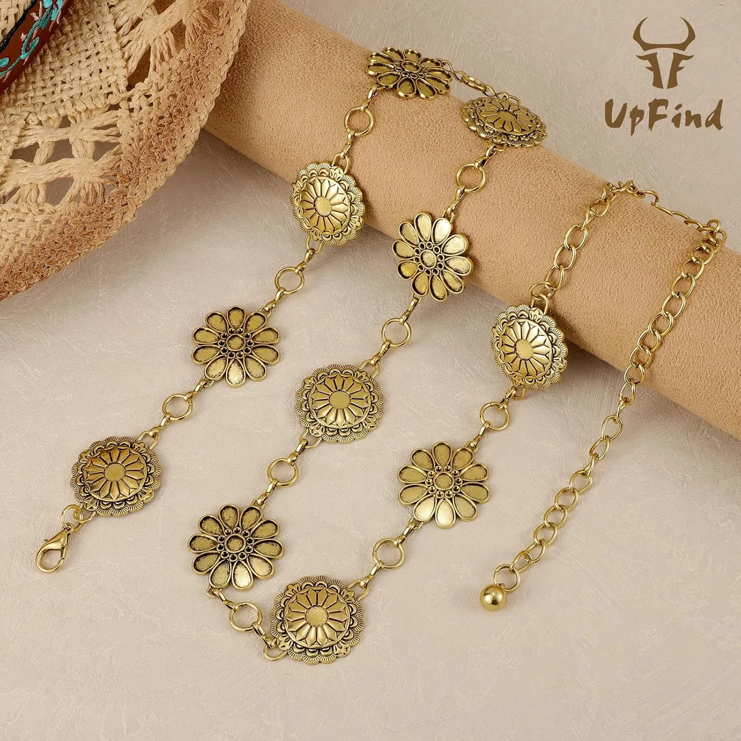 Women Western Metal Chain Belt Concho Belt Cowgirl Waist Link for Jeans Dresses Concert Boho