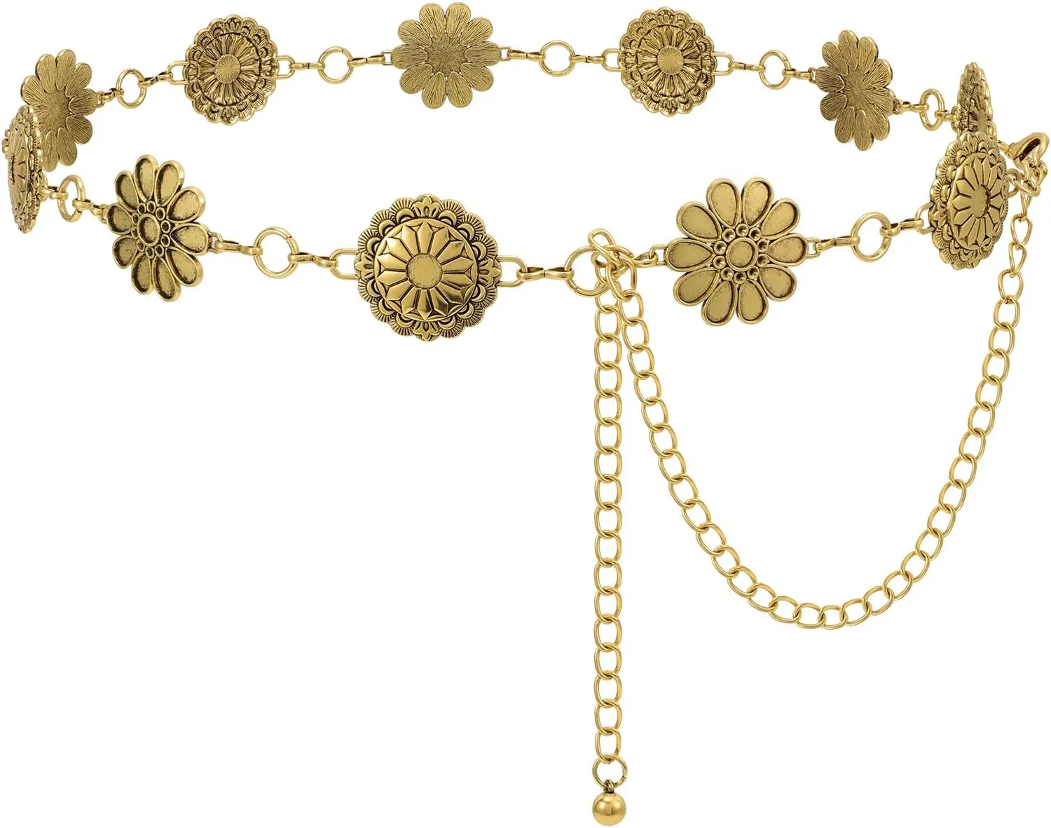 Women Western Metal Chain Belt Concho Belt Cowgirl Waist Link for Jeans Dresses Concert Boho