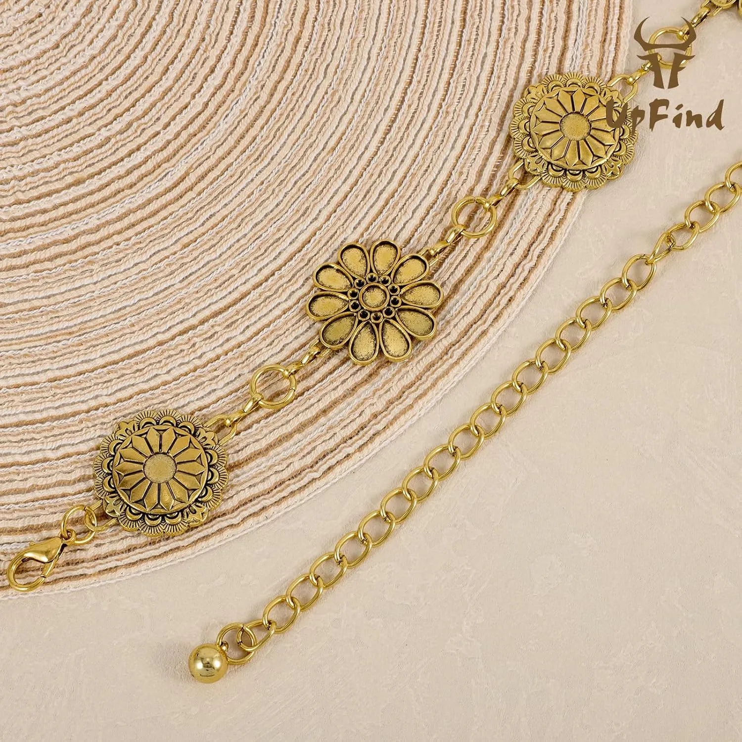Women Western Metal Chain Belt Concho Belt Cowgirl Waist Link for Jeans Dresses Concert Boho