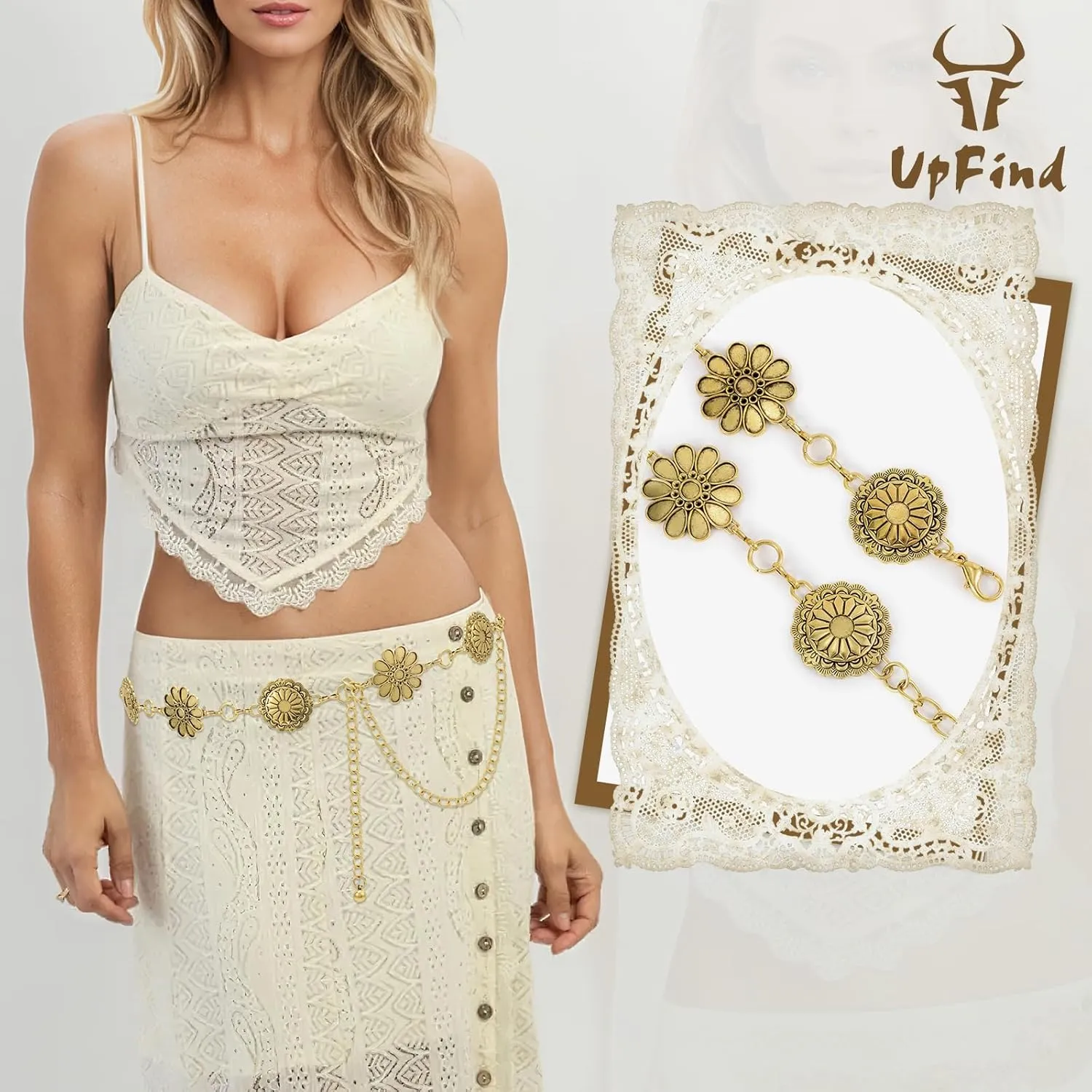 Women Western Metal Chain Belt Concho Belt Cowgirl Waist Link for Jeans Dresses Concert Boho