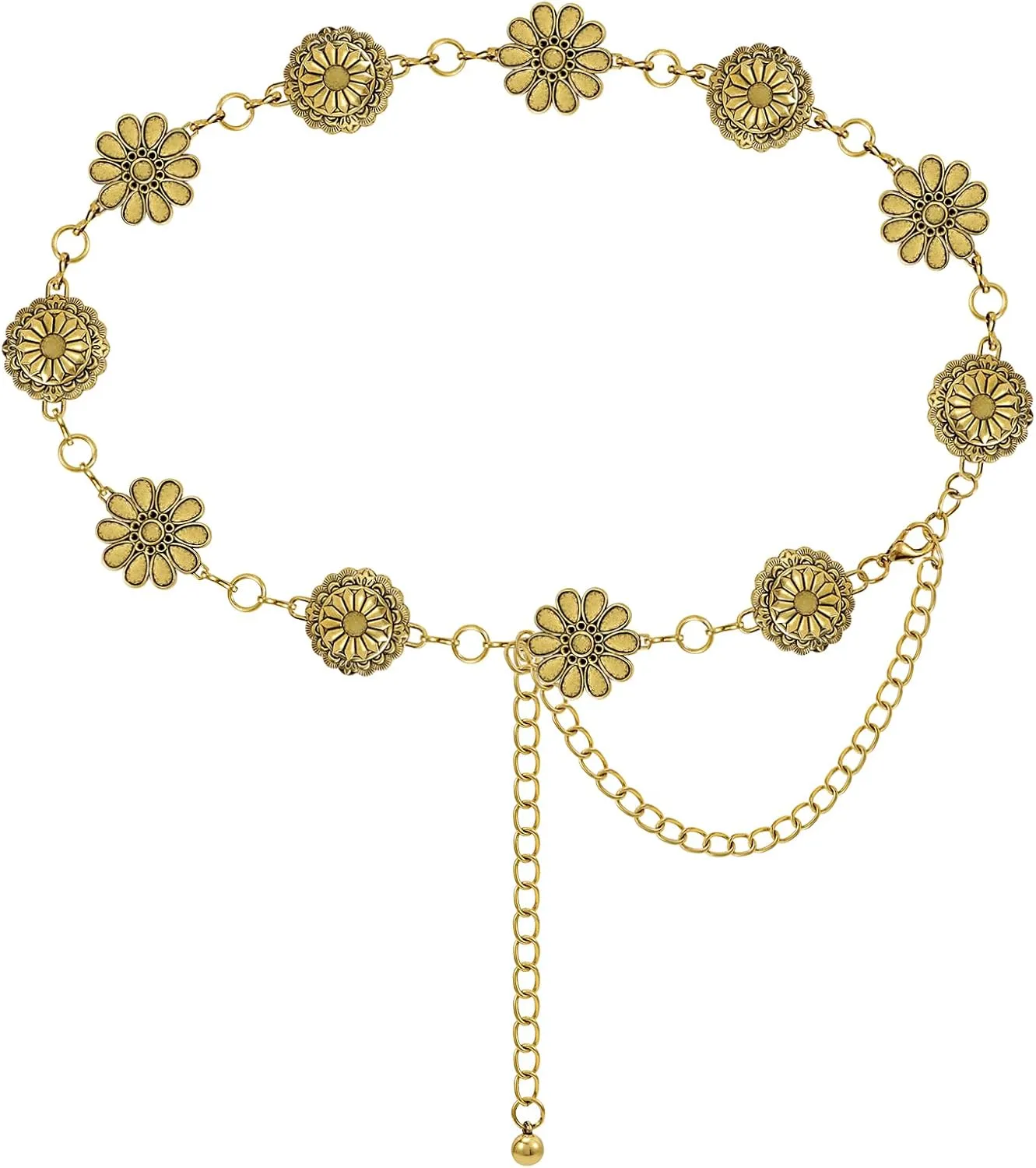 Women Western Metal Chain Belt Concho Belt Cowgirl Waist Link for Jeans Dresses Concert Boho