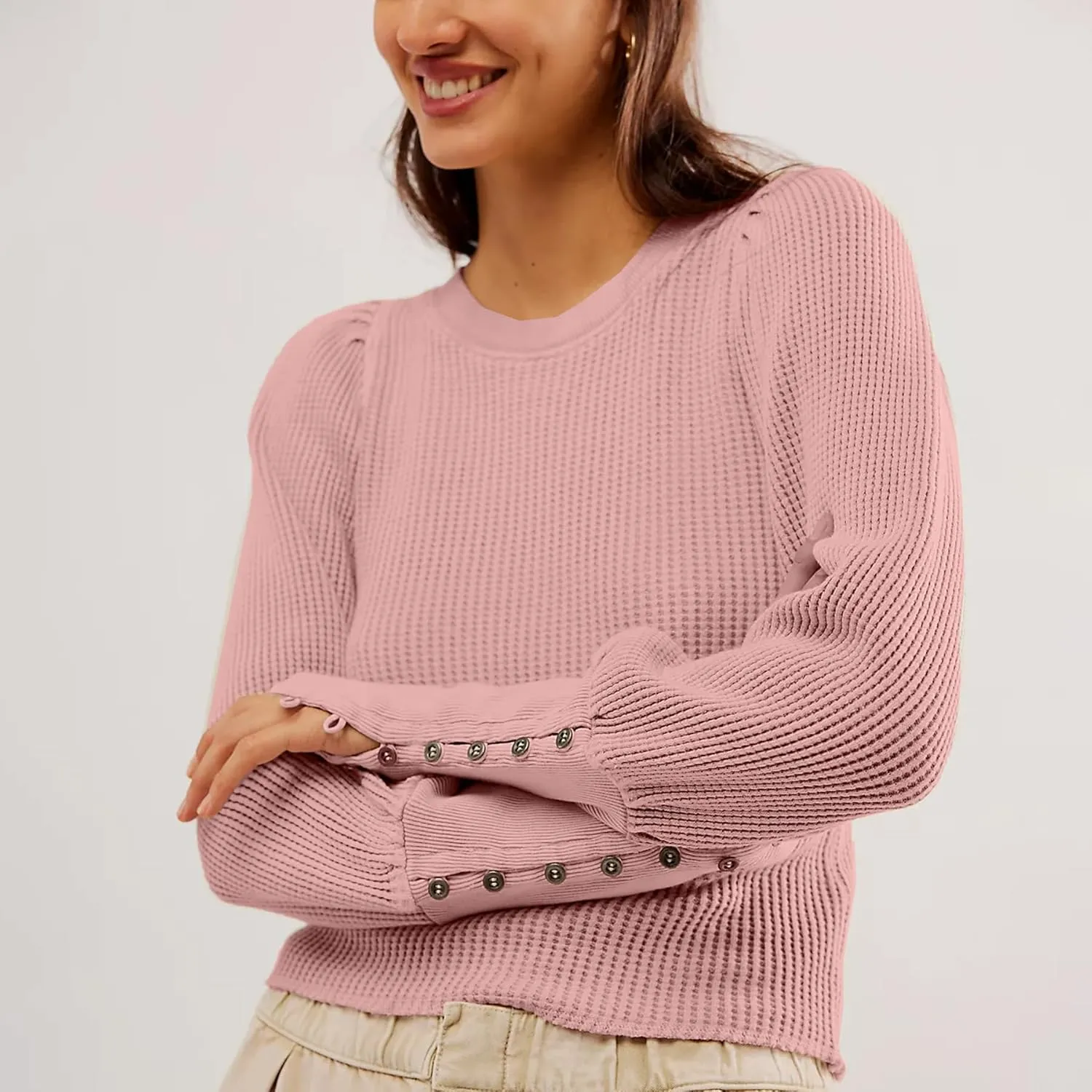 Women's Waffle Knit Puff Long Sleeve Tops Crew Neck Sweatshirt Casual Pullover Thermal Top