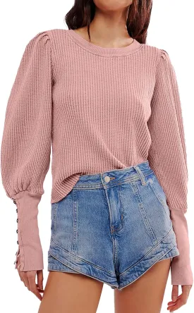 Women's Waffle Knit Puff Long Sleeve Tops Crew Neck Sweatshirt Casual Pullover Thermal Top