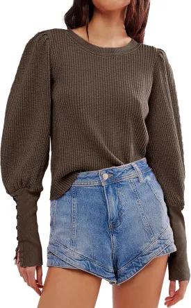 Women's Waffle Knit Puff Long Sleeve Tops Crew Neck Sweatshirt Casual Pullover Thermal Top