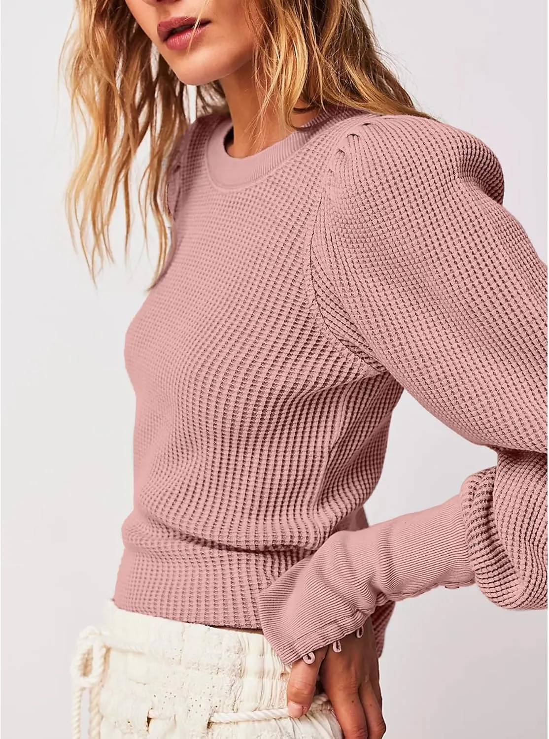Women's Waffle Knit Puff Long Sleeve Tops Crew Neck Sweatshirt Casual Pullover Thermal Top