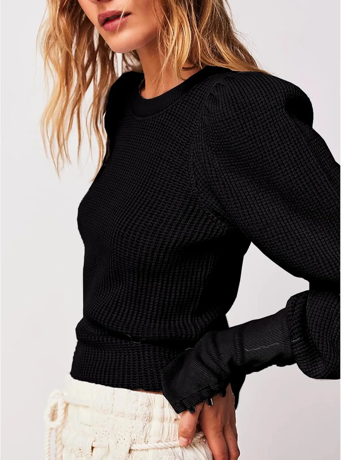 Women's Waffle Knit Puff Long Sleeve Tops Crew Neck Sweatshirt Casual Pullover Thermal Top