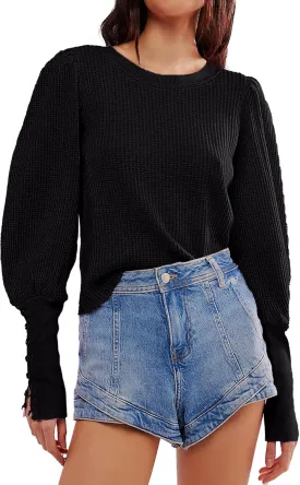 Women's Waffle Knit Puff Long Sleeve Tops Crew Neck Sweatshirt Casual Pullover Thermal Top