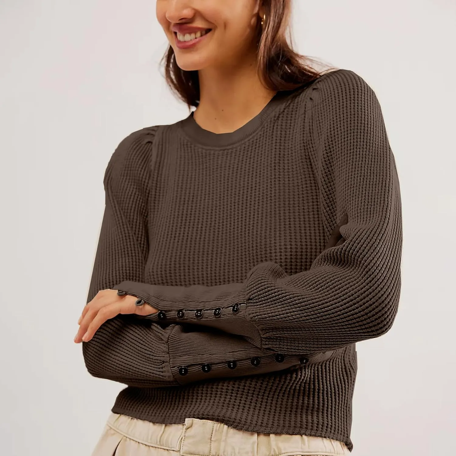 Women's Waffle Knit Puff Long Sleeve Tops Crew Neck Sweatshirt Casual Pullover Thermal Top