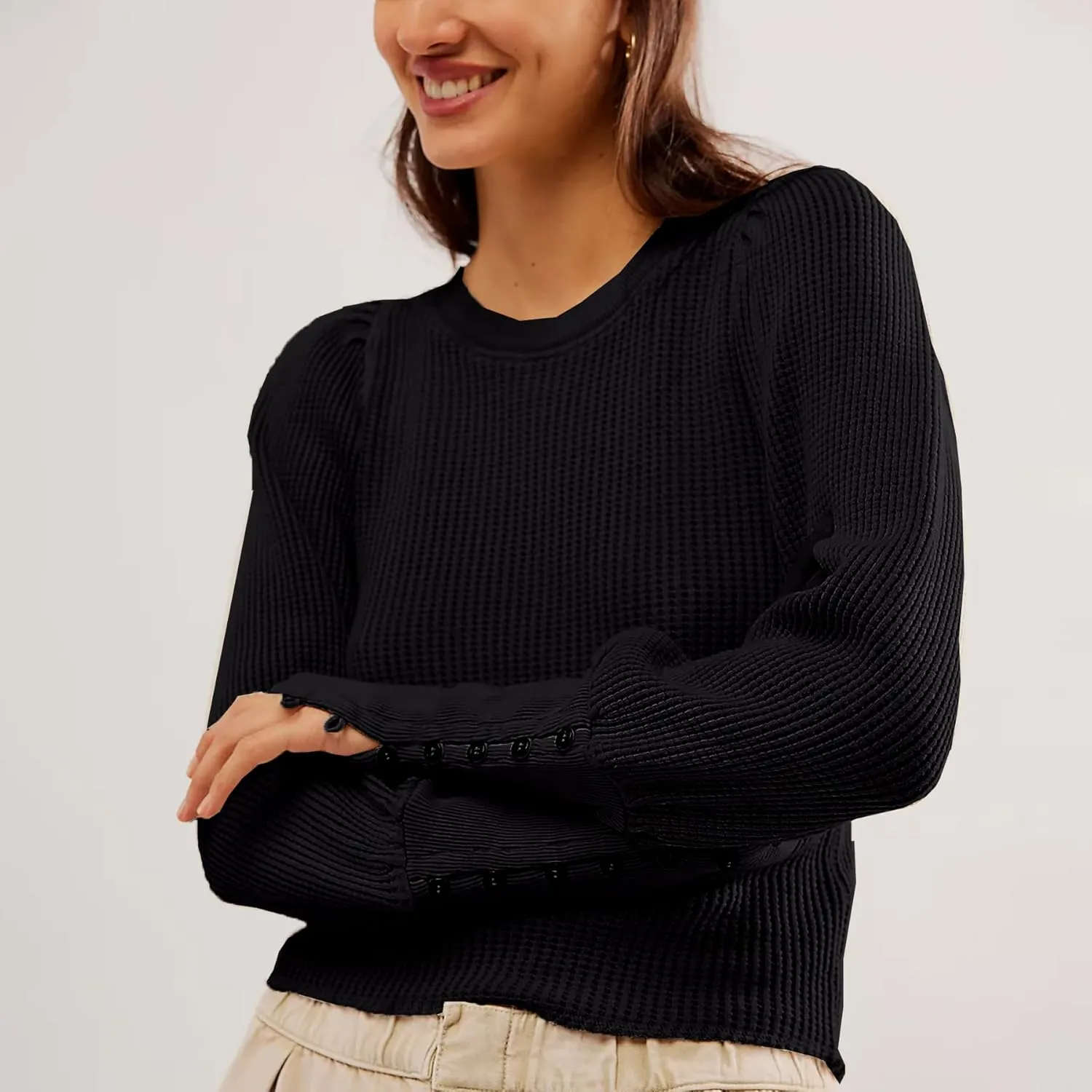 Women's Waffle Knit Puff Long Sleeve Tops Crew Neck Sweatshirt Casual Pullover Thermal Top