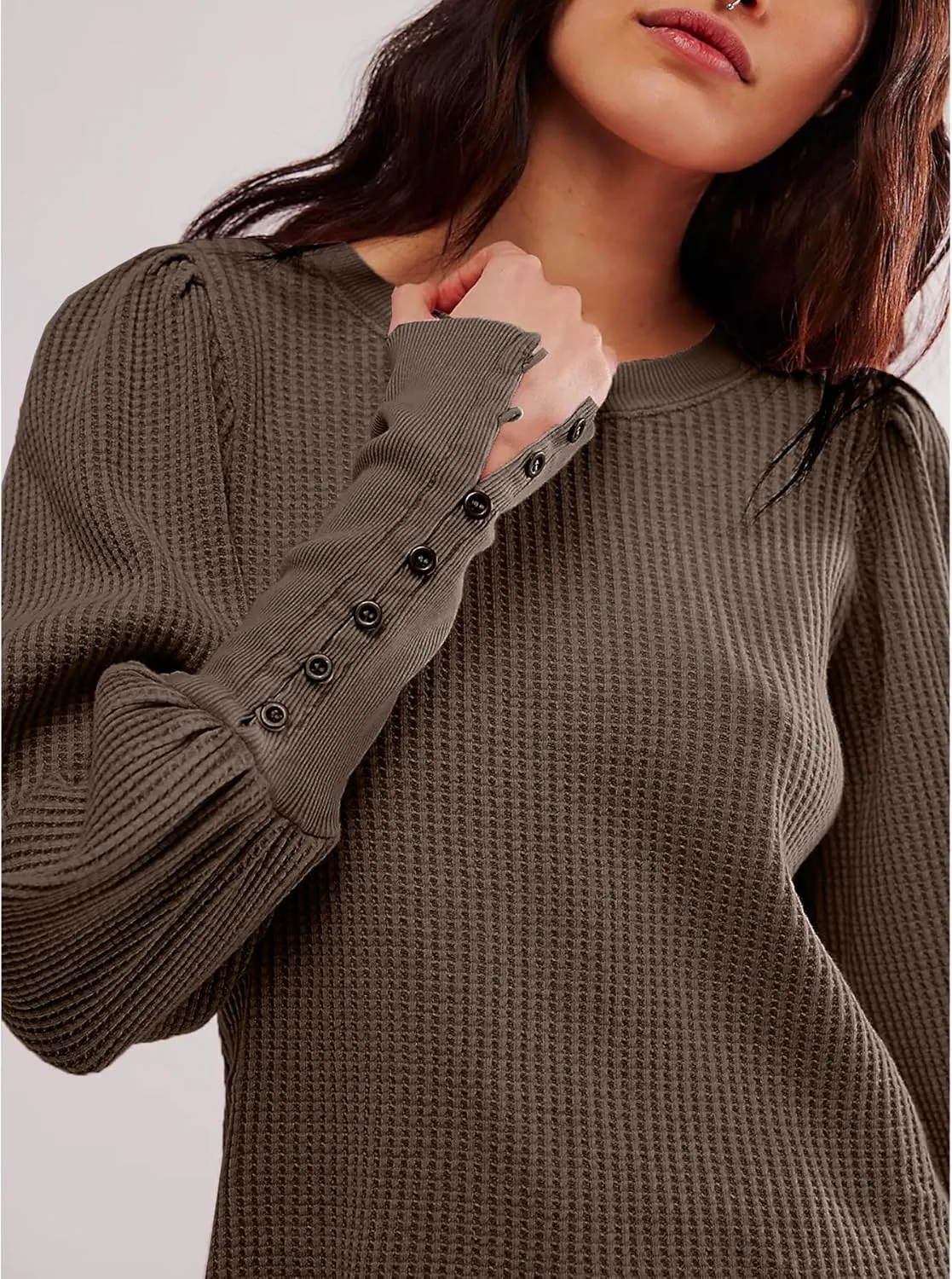 Women's Waffle Knit Puff Long Sleeve Tops Crew Neck Sweatshirt Casual Pullover Thermal Top