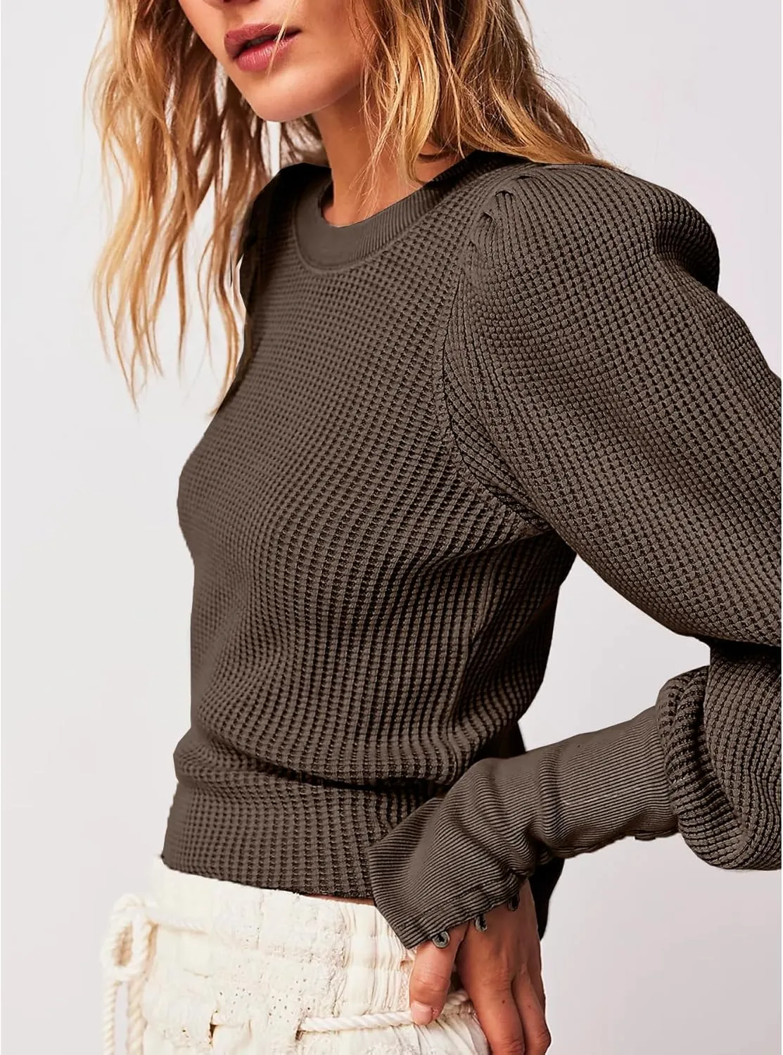 Women's Waffle Knit Puff Long Sleeve Tops Crew Neck Sweatshirt Casual Pullover Thermal Top