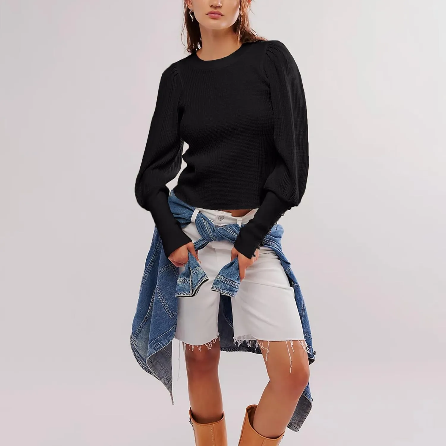 Women's Waffle Knit Puff Long Sleeve Tops Crew Neck Sweatshirt Casual Pullover Thermal Top