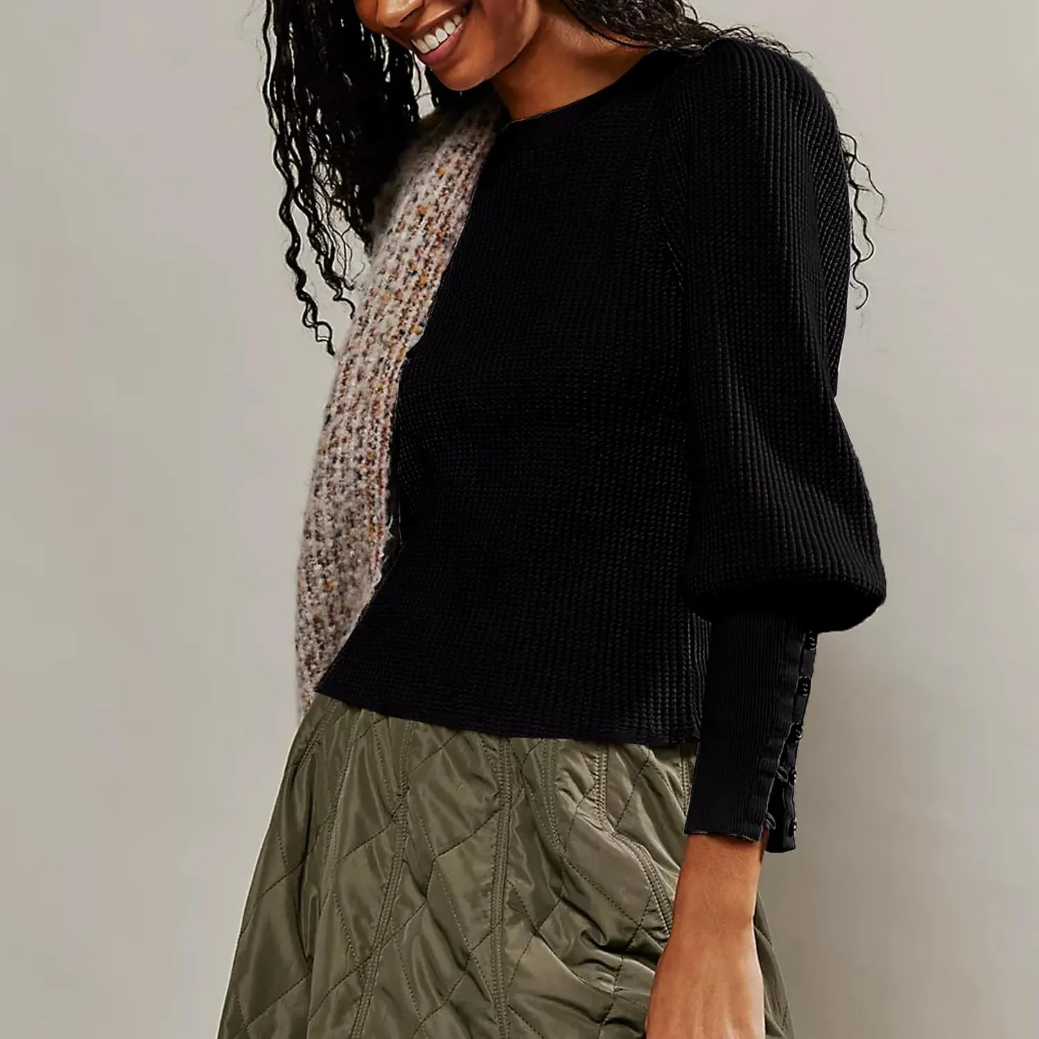 Women's Waffle Knit Puff Long Sleeve Tops Crew Neck Sweatshirt Casual Pullover Thermal Top