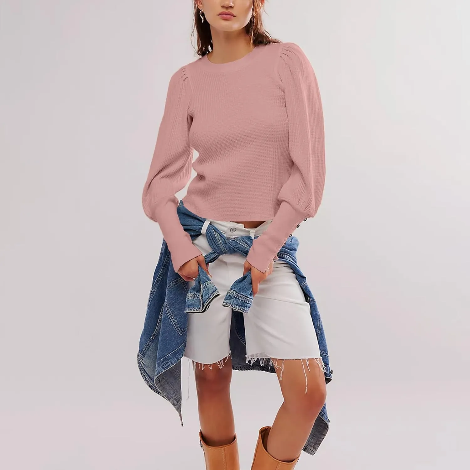 Women's Waffle Knit Puff Long Sleeve Tops Crew Neck Sweatshirt Casual Pullover Thermal Top