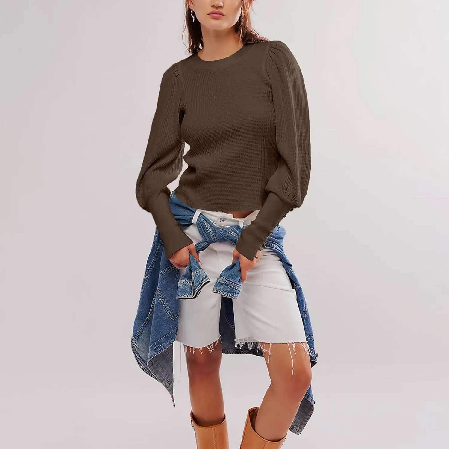 Women's Waffle Knit Puff Long Sleeve Tops Crew Neck Sweatshirt Casual Pullover Thermal Top