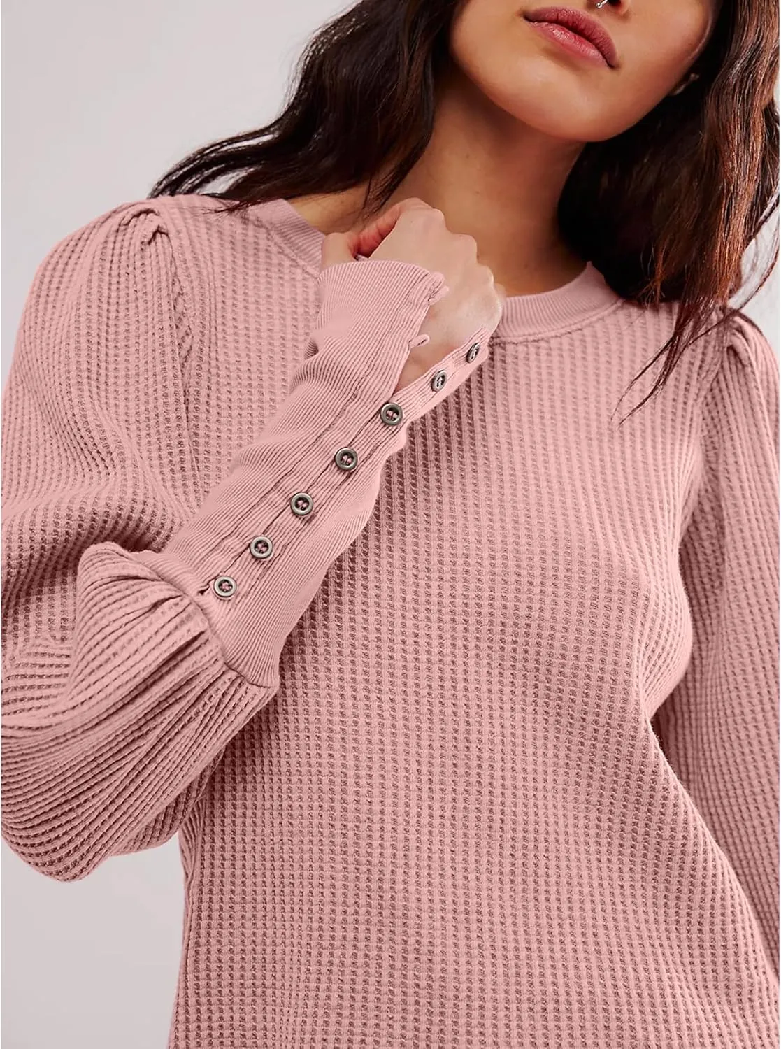 Women's Waffle Knit Puff Long Sleeve Tops Crew Neck Sweatshirt Casual Pullover Thermal Top